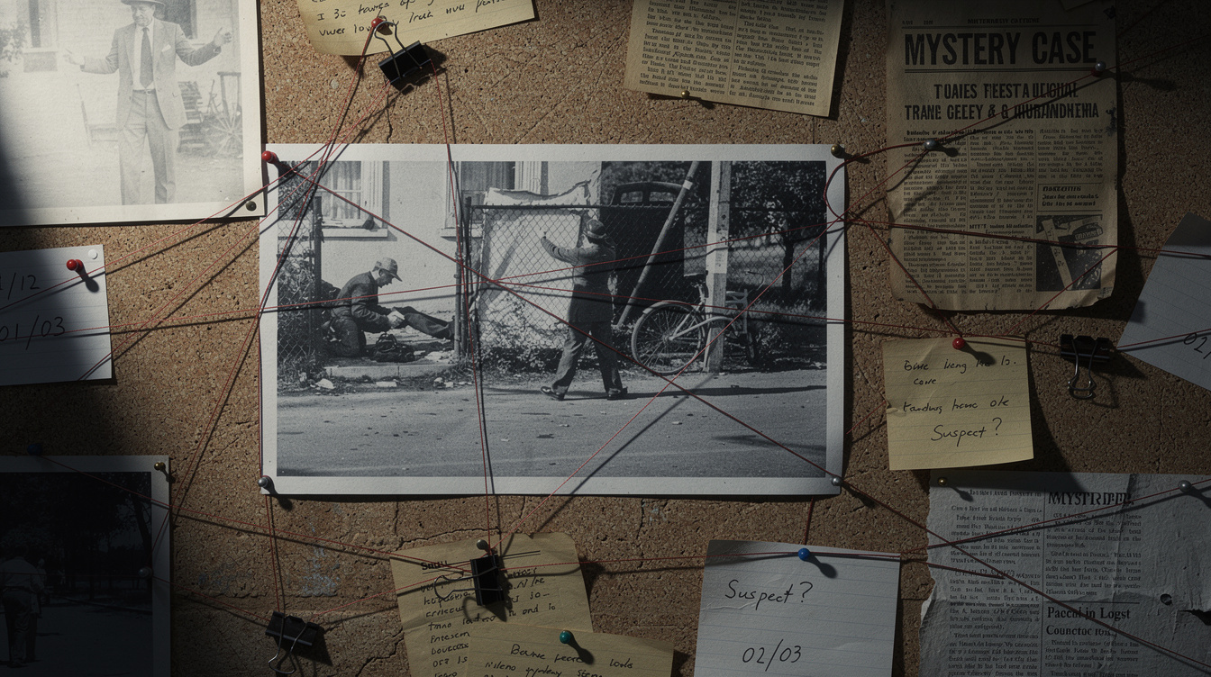 Investigation board with pinned photos and red string