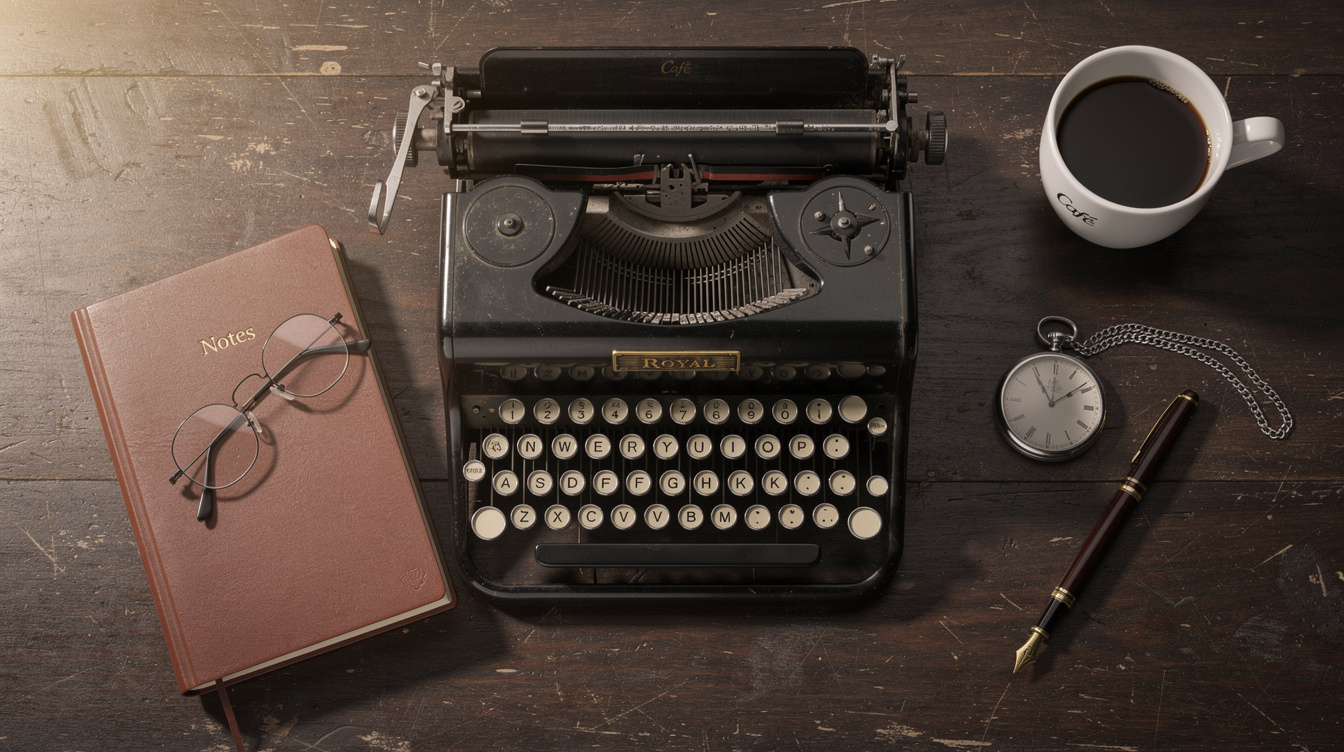 Top view of a writer's desk with typewriter, glasses and coffee