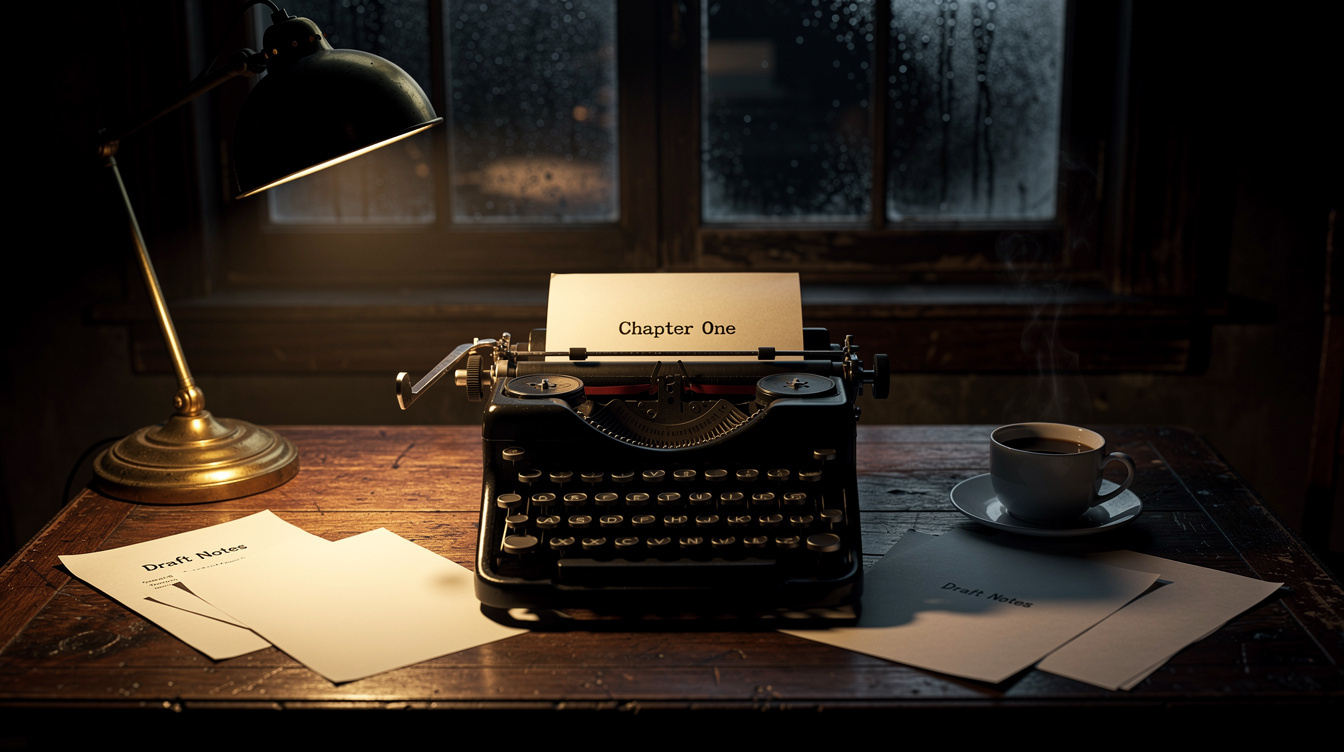 Old typewriter on a wooden desk lit by a lamp at night
