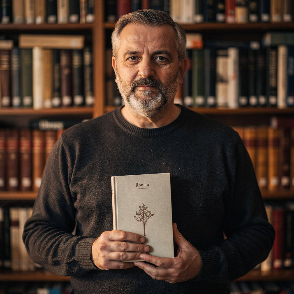 Middle aged Croatian man in a study holding a book