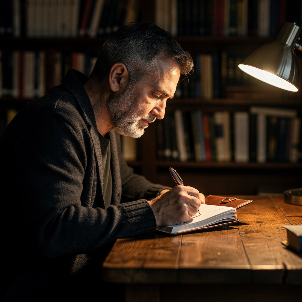 Croatian man writing by hand at a wooden desk