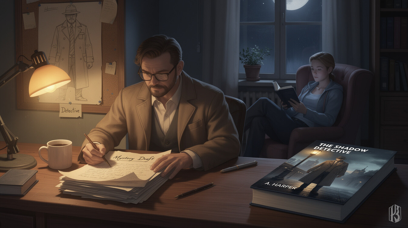 mystery writer at desk