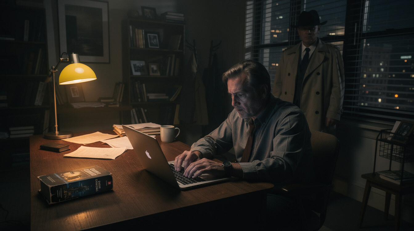 mystery writer at desk