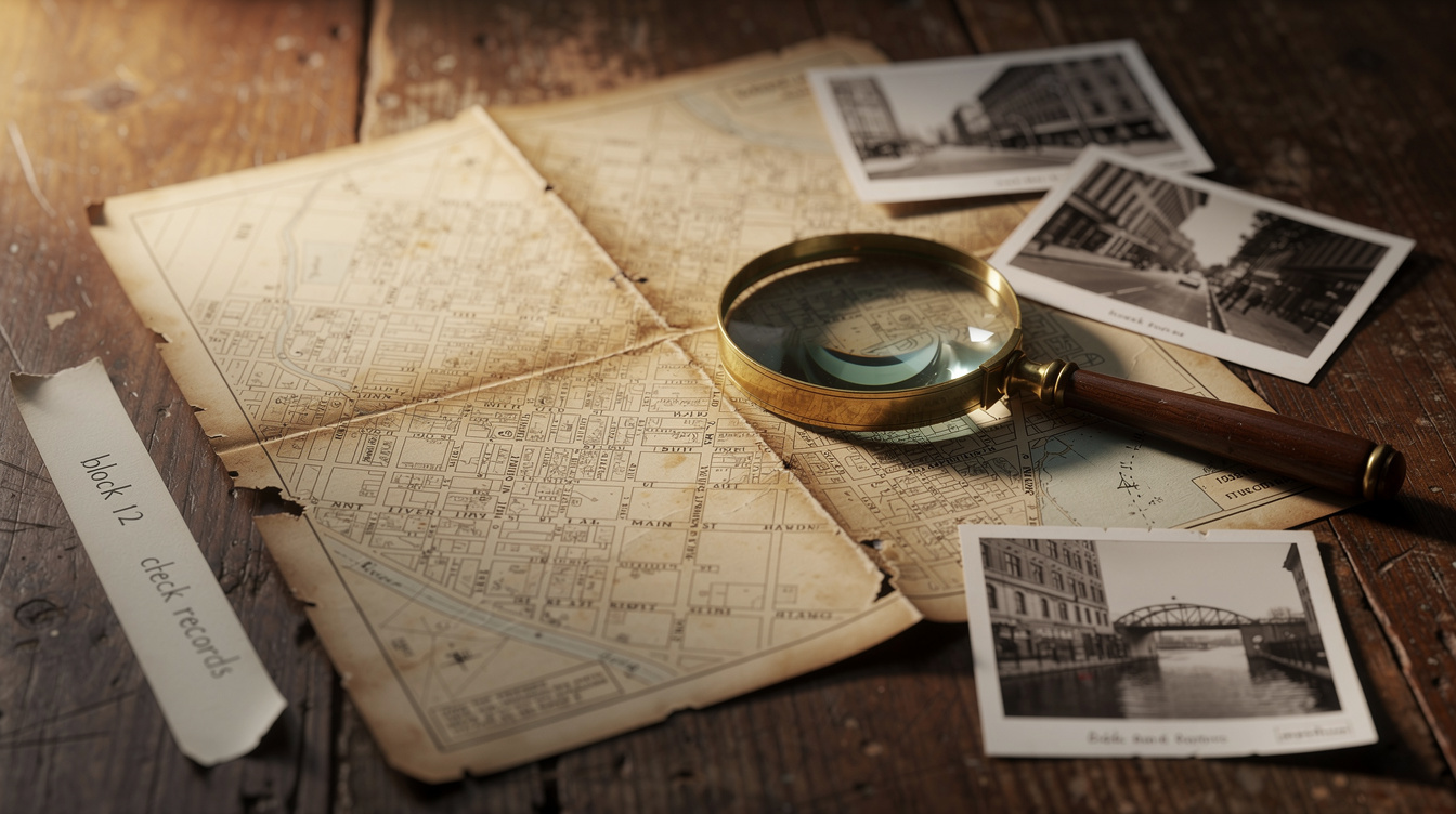 Old city map with handwritten notes and a magnifying glass