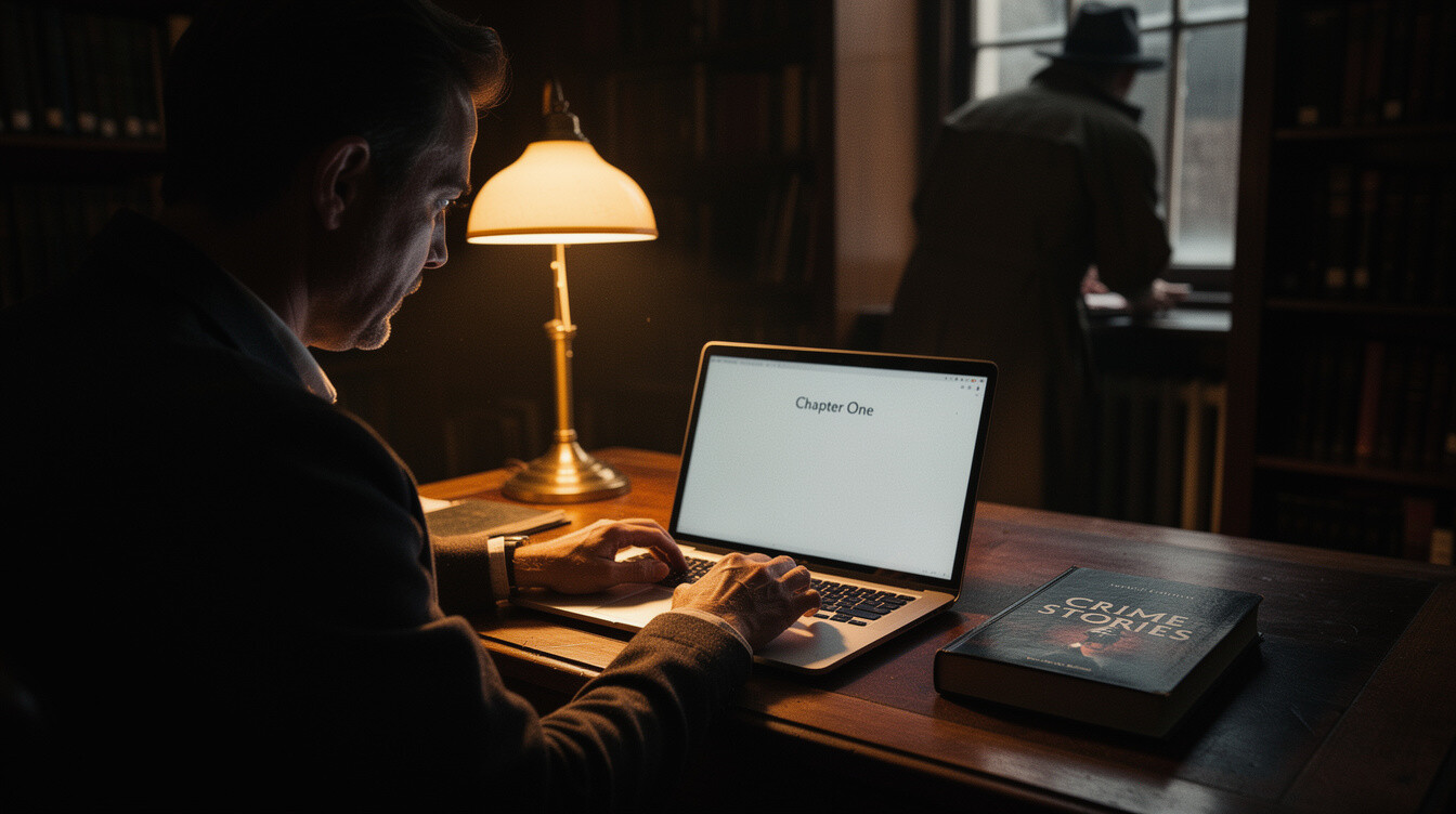 mystery writer at desk